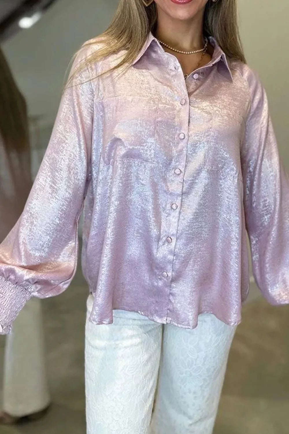 Long Sleeve Button Front Ruffle Cuffs Back Paneling Shirt