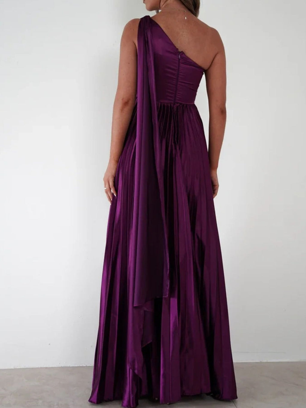One-Shoulder Pleated Slit Maxi Dress