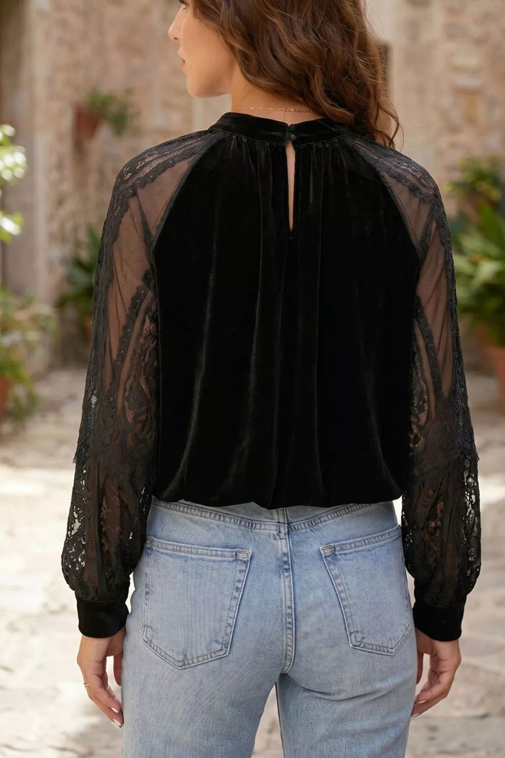 Solid Color Sheer Lace Long Sleeve Patchwork Stand Neck Velvet Blouse