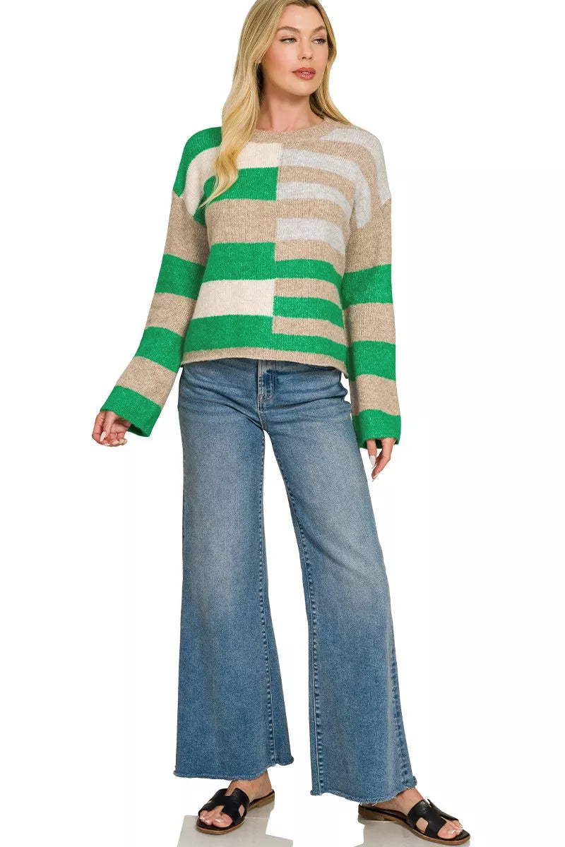 Zenana Lightweight Wool Blend Color Block Sweater