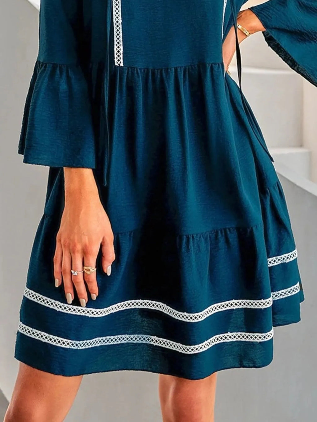 Tie-Neck Long Sleeve Mini Dress with Trim Detail
