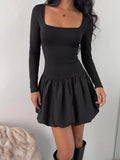 Square Neck Long Sleeve Bubble Hem Dress