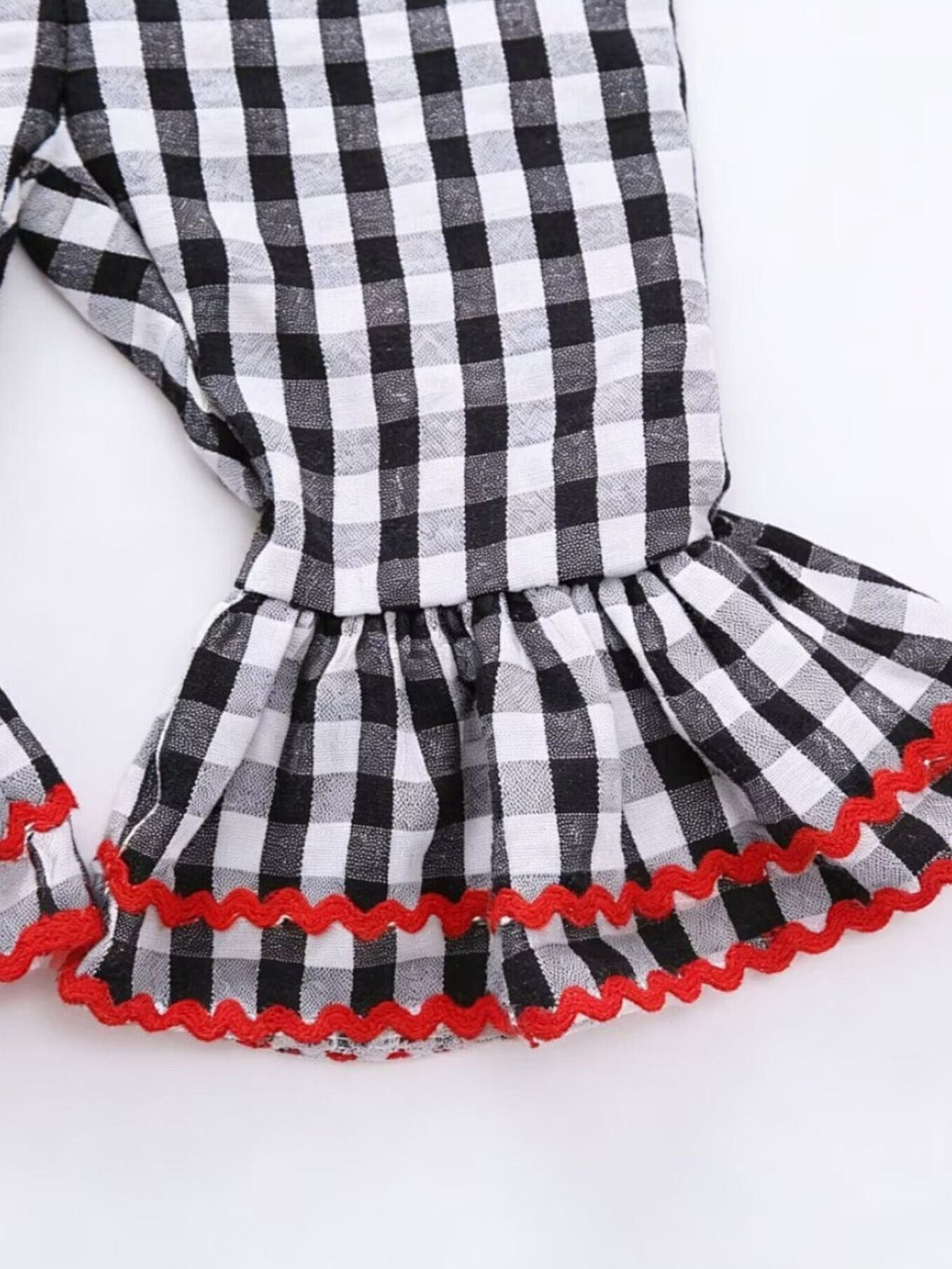 Children's Gingham Soccer Ball Embroidered Ruffle Hem Jumpsuit