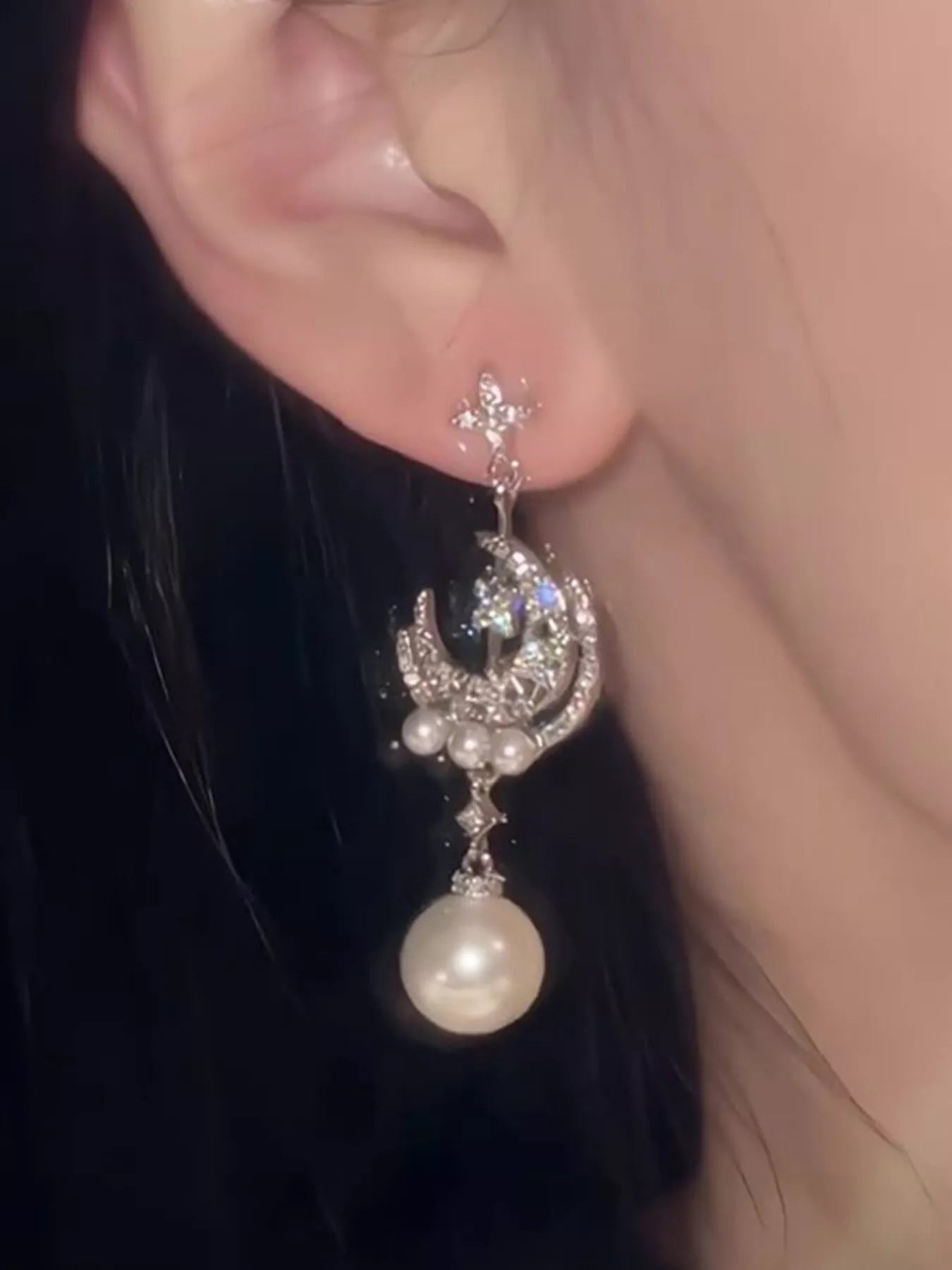 Moon & Star Pearl Dangle Earrings