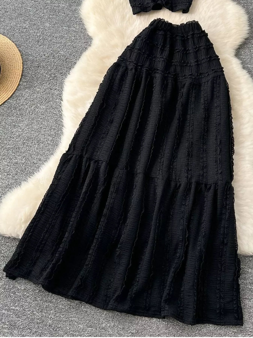 Textured Crop Top and Tiered Skirt Set