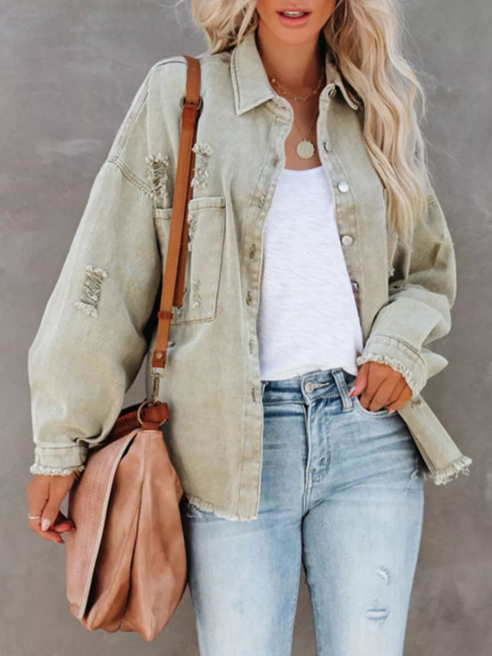 Raw Hem Button Up Denim Shacket