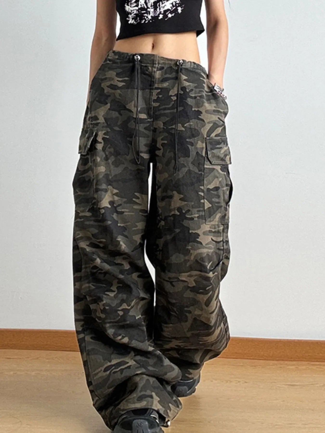 Drawstring Camouflage Cargo Wide Leg Jeans