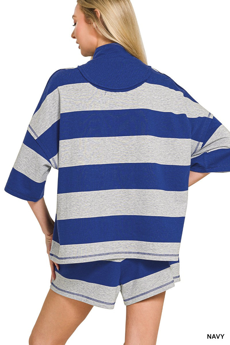 Zenana Frenchterry Striped Half Zip Top & Shorts Set