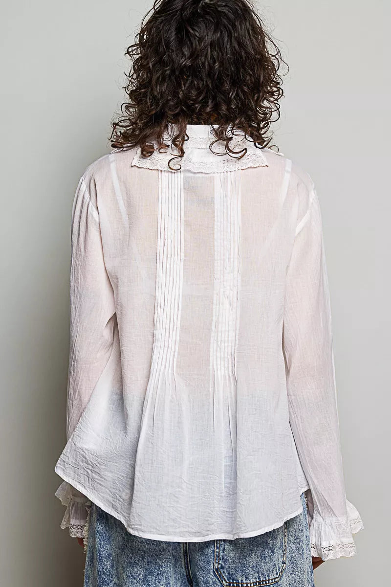 POL Woven Lace Trim Pintuck Button-Down Shirt