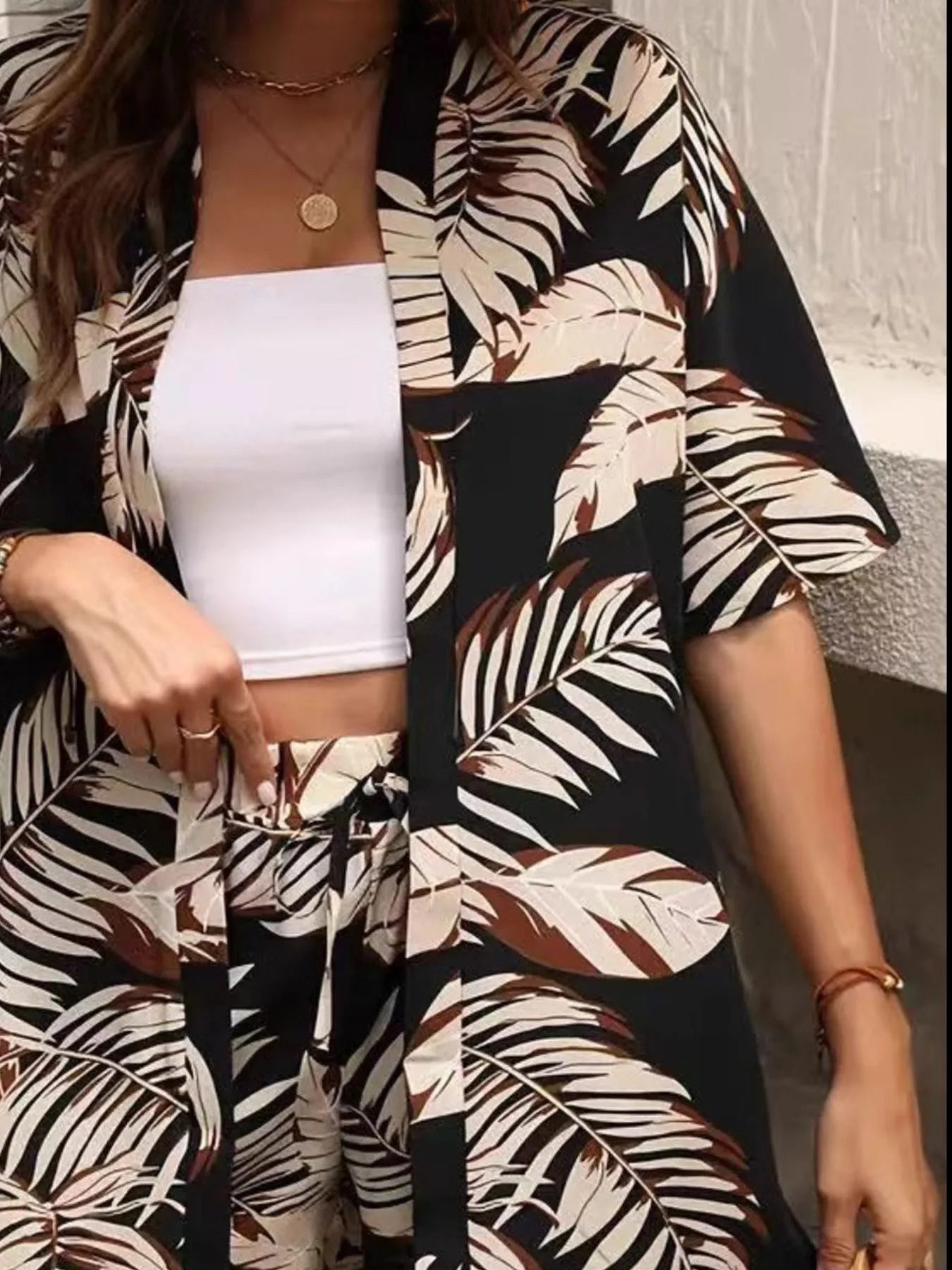 Printed Open Front Cardigan and Shorts Set