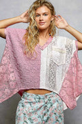 POL Asymmetrical V-Neck Short Sleeve Lace Top