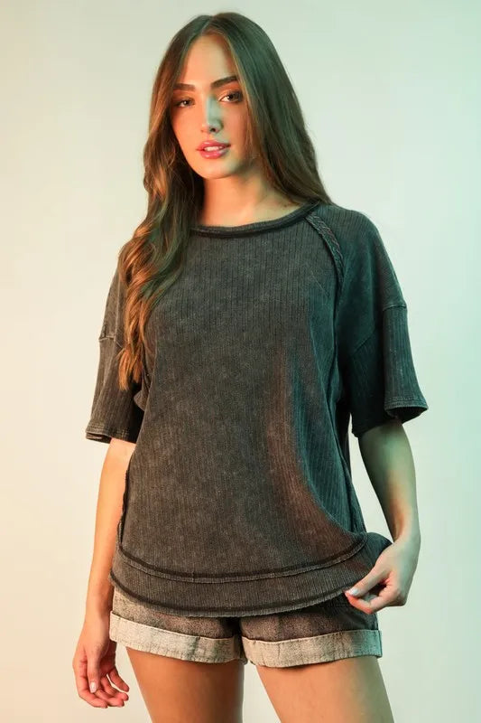 VERY J Full Size Mineral Washed Ribbed Knit Casual Top Plus Size