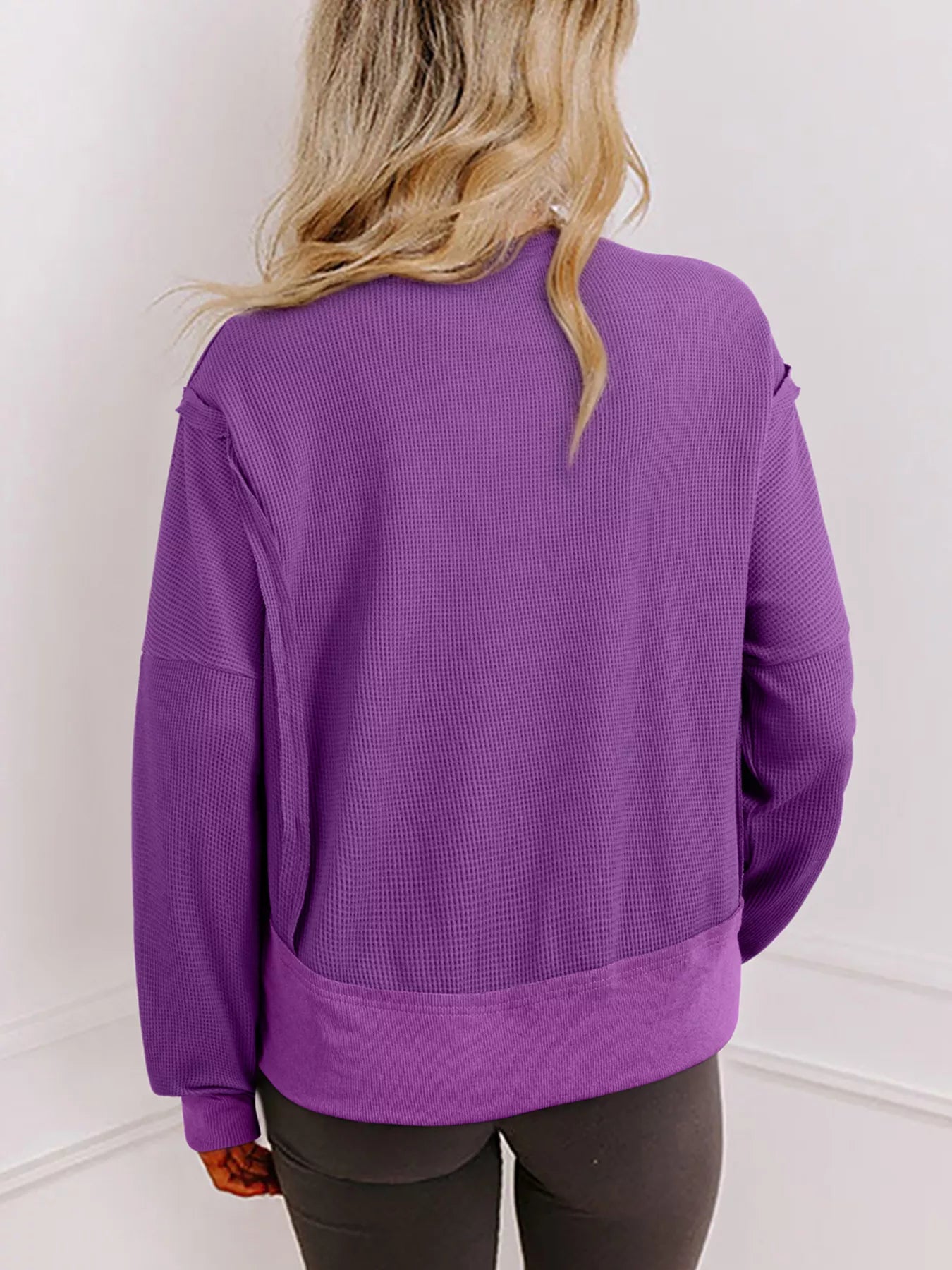 Solid Color Raw Seam Patchwork Ribbed Drop Shoulder Sweatshirt