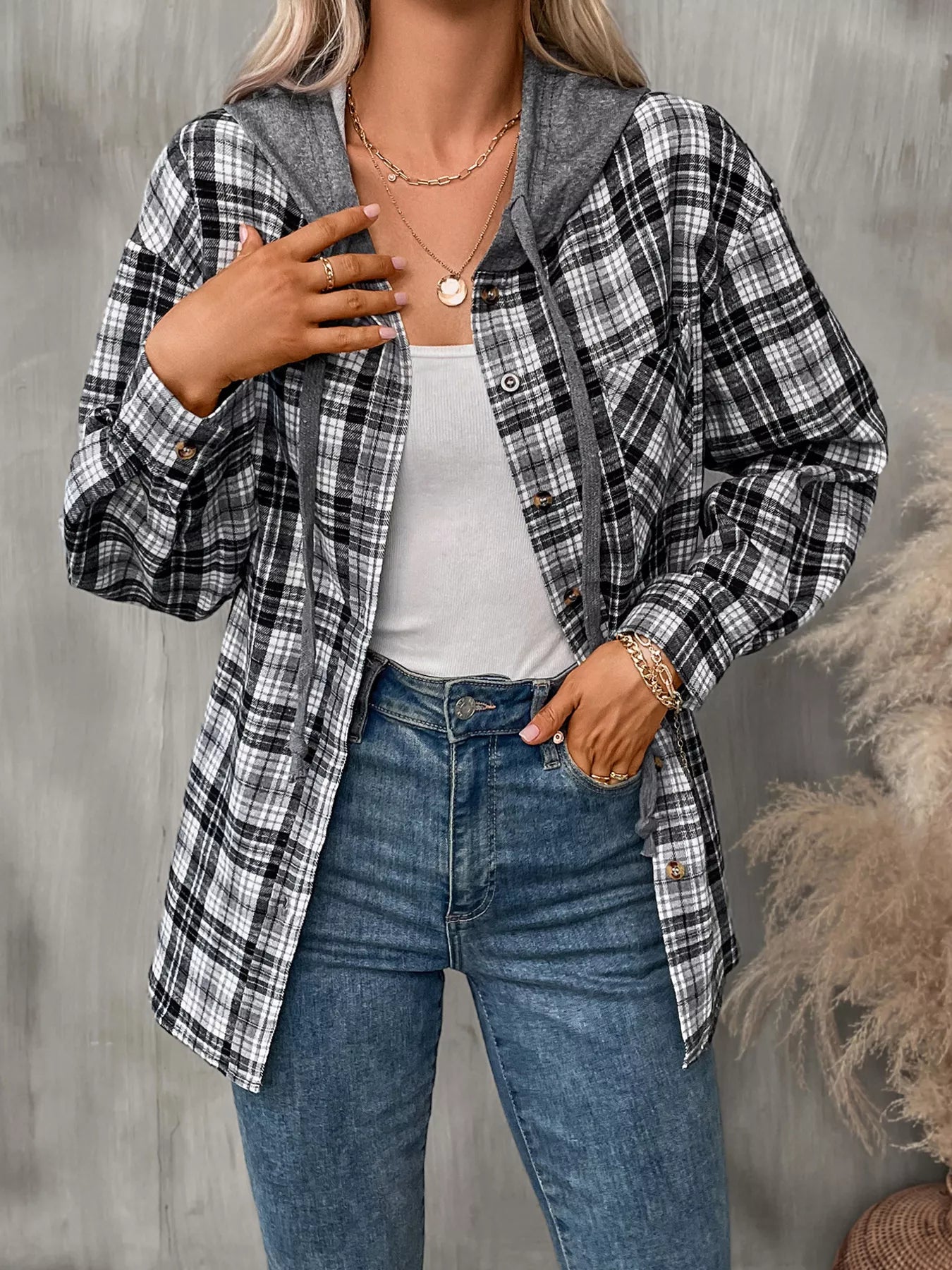 Plaid Button-Up Hooded Shirt with Chest Pocket