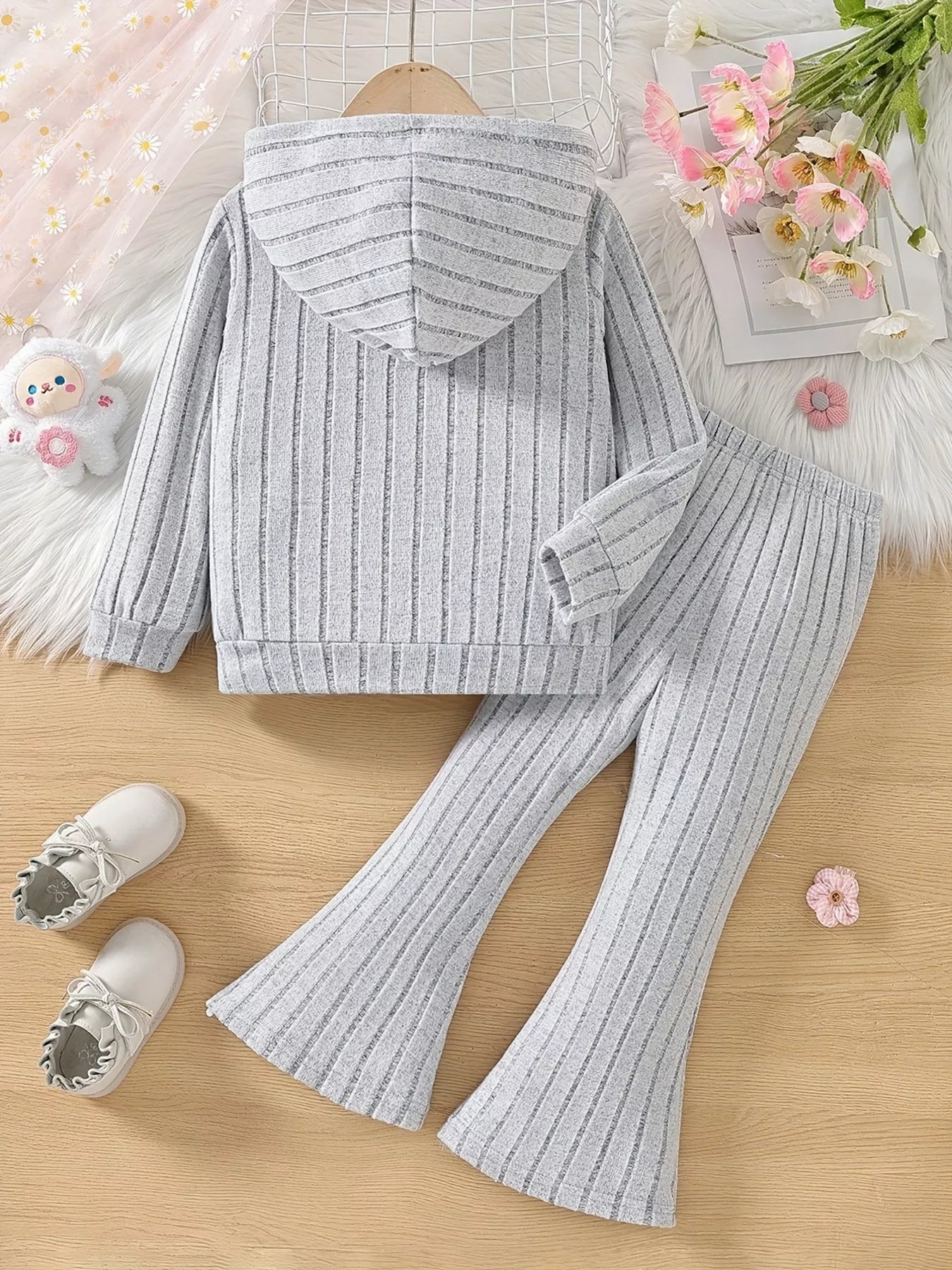 Children's Ribbed Knit Hooded Top and Pants Set
