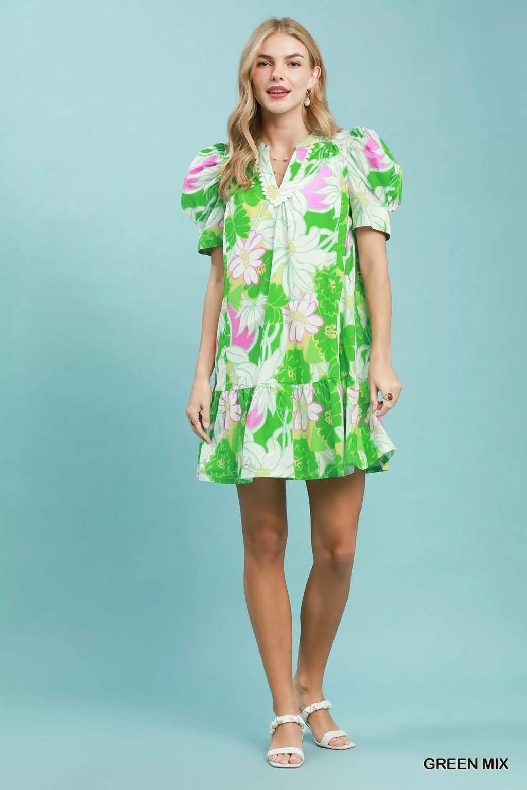 Umgee Floral Puff Sleeve Tiered Mini Dress