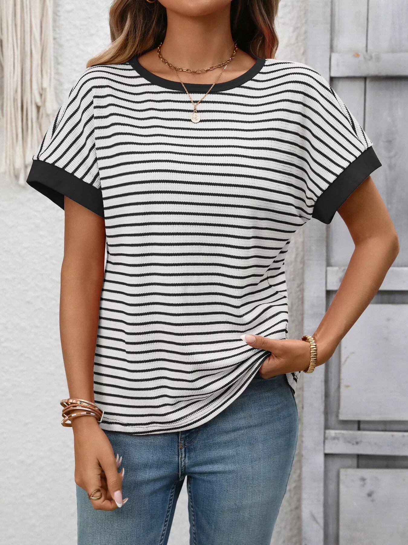 Striped Ribbed Knit Short Sleeve T-Shirt