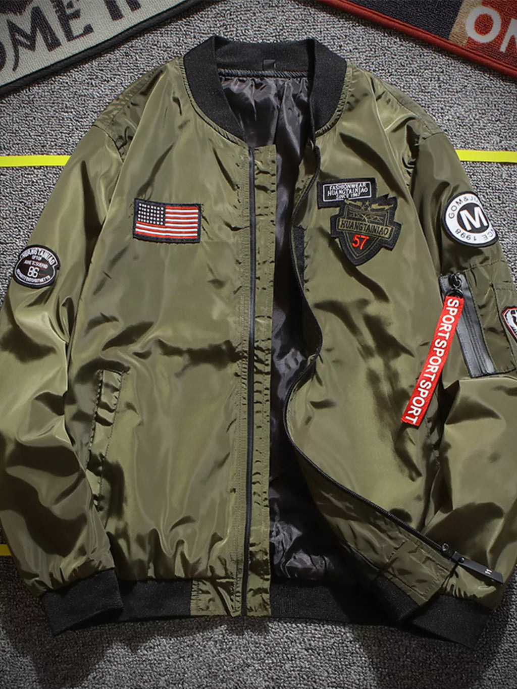 Men's Plus Size Military-Inspired Patched Bomber Jacket