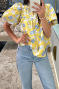 Short Bubble Sleeve Summer Floral Blouse