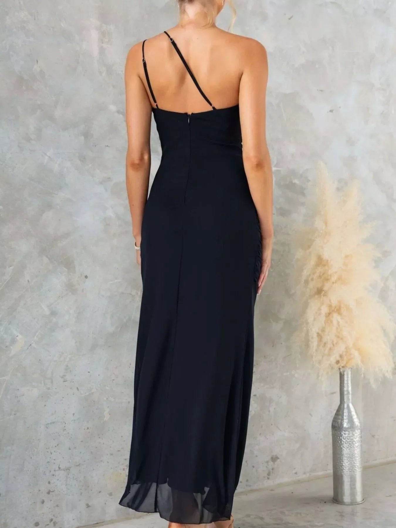 One-Shoulder Ruffle Slit Dress
