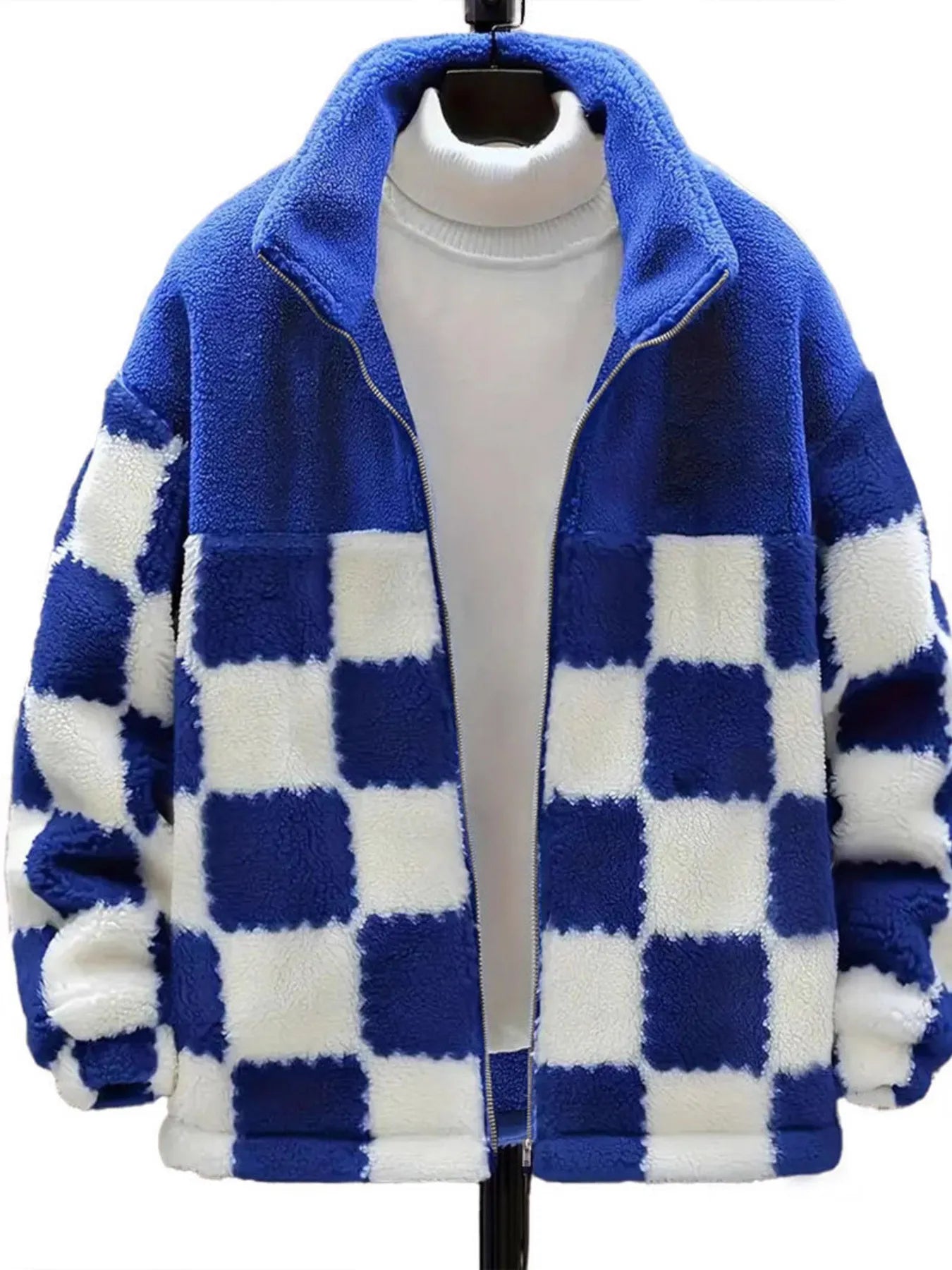 Checkered Fleece Oversized Zip Up Jacket