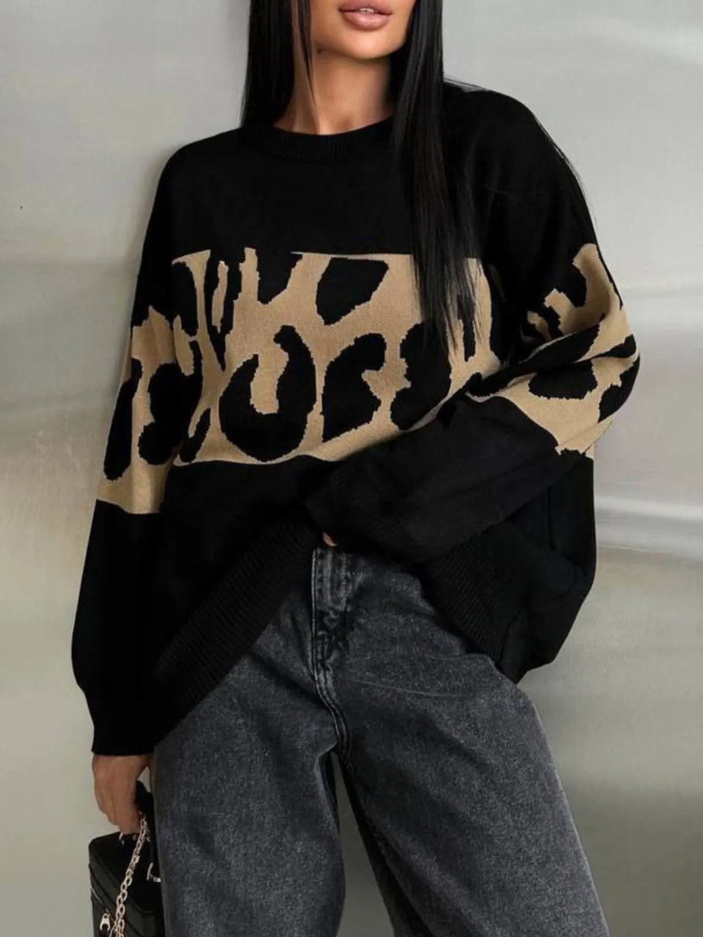 Leopard Color Block Round Neck Sweater