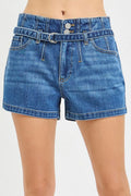 RISEN Double Button Slouchy Denim Shorts with Belt