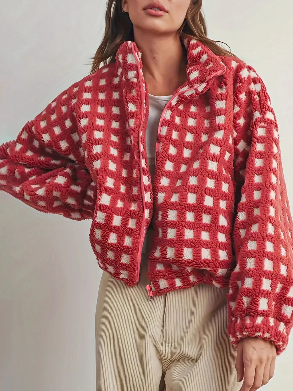 Fleece Checkered Puff Sleeve Bomber Jacket