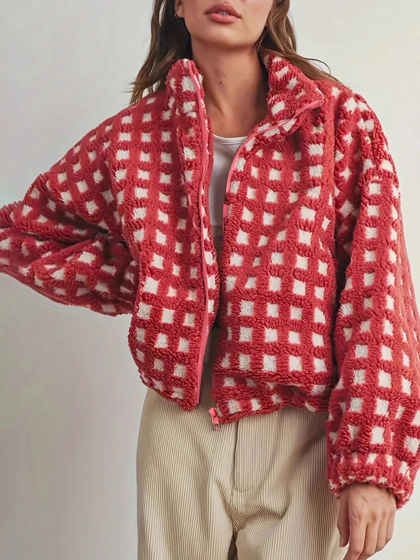 Fleece Checkered Puff Sleeve Bomber Jacket