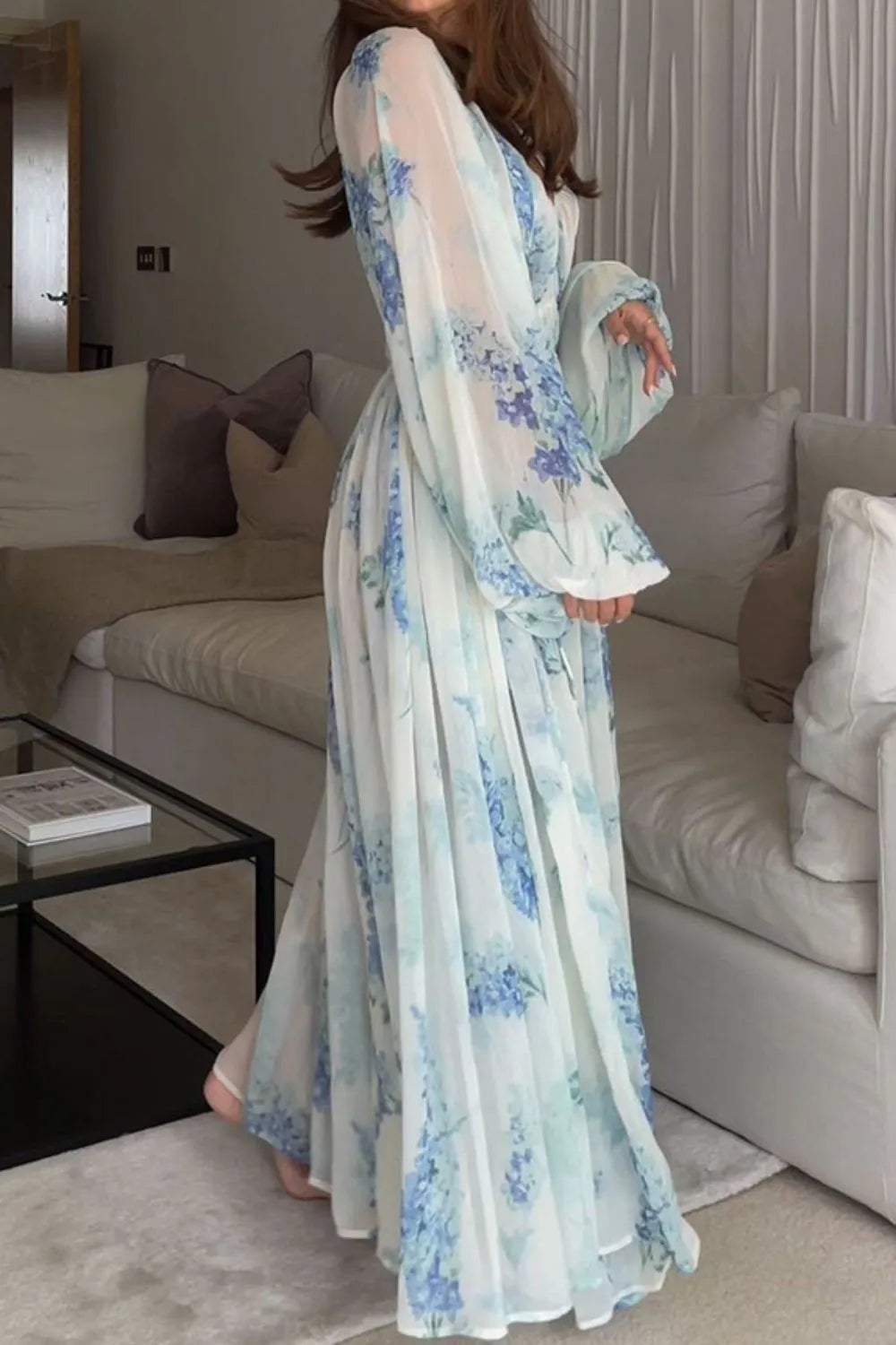 Floral Print Bohemian Maxi Dress with Balloon Sleeves