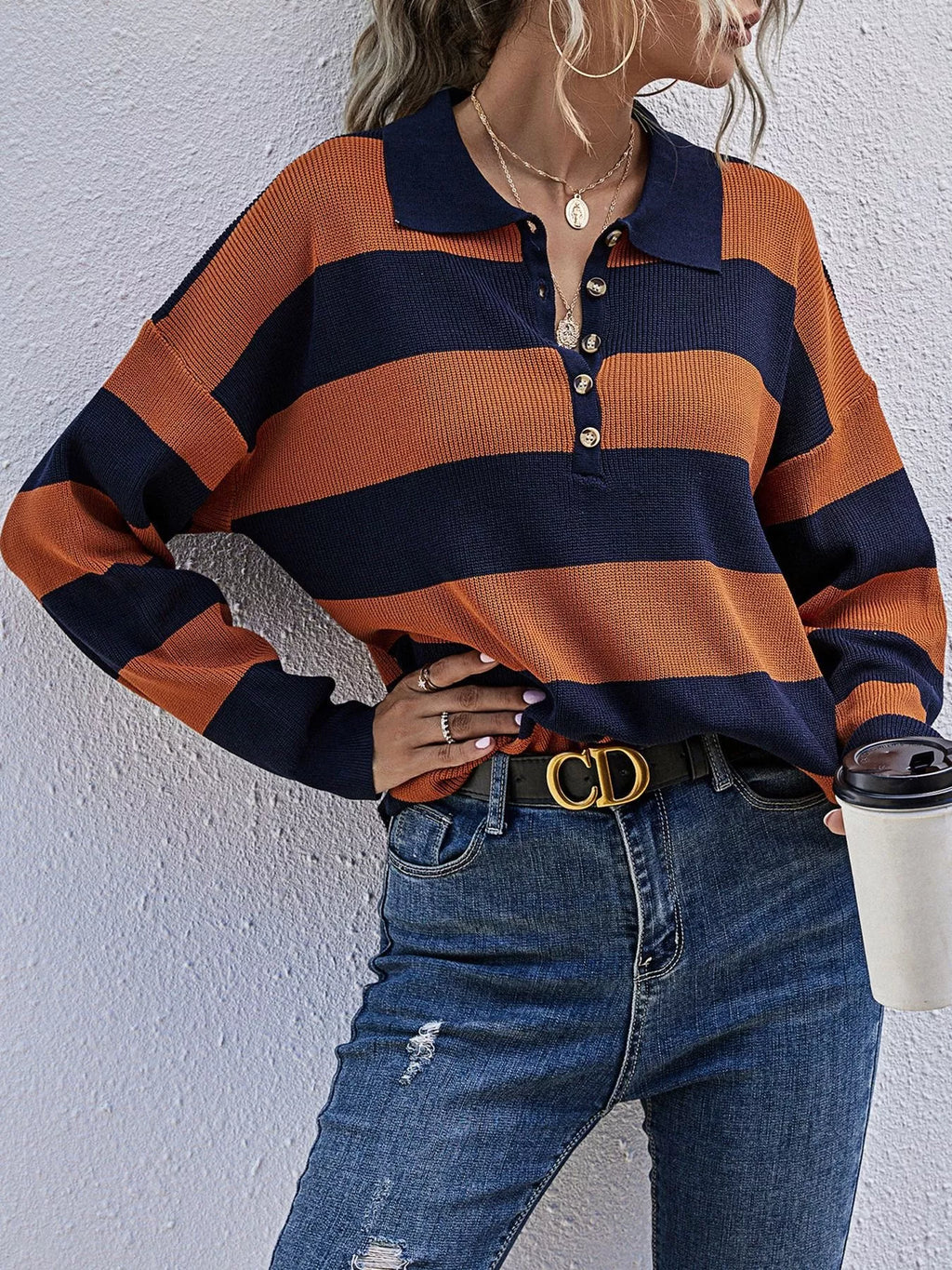 Striped Button Detail Dropped Shoulder Knit Top
