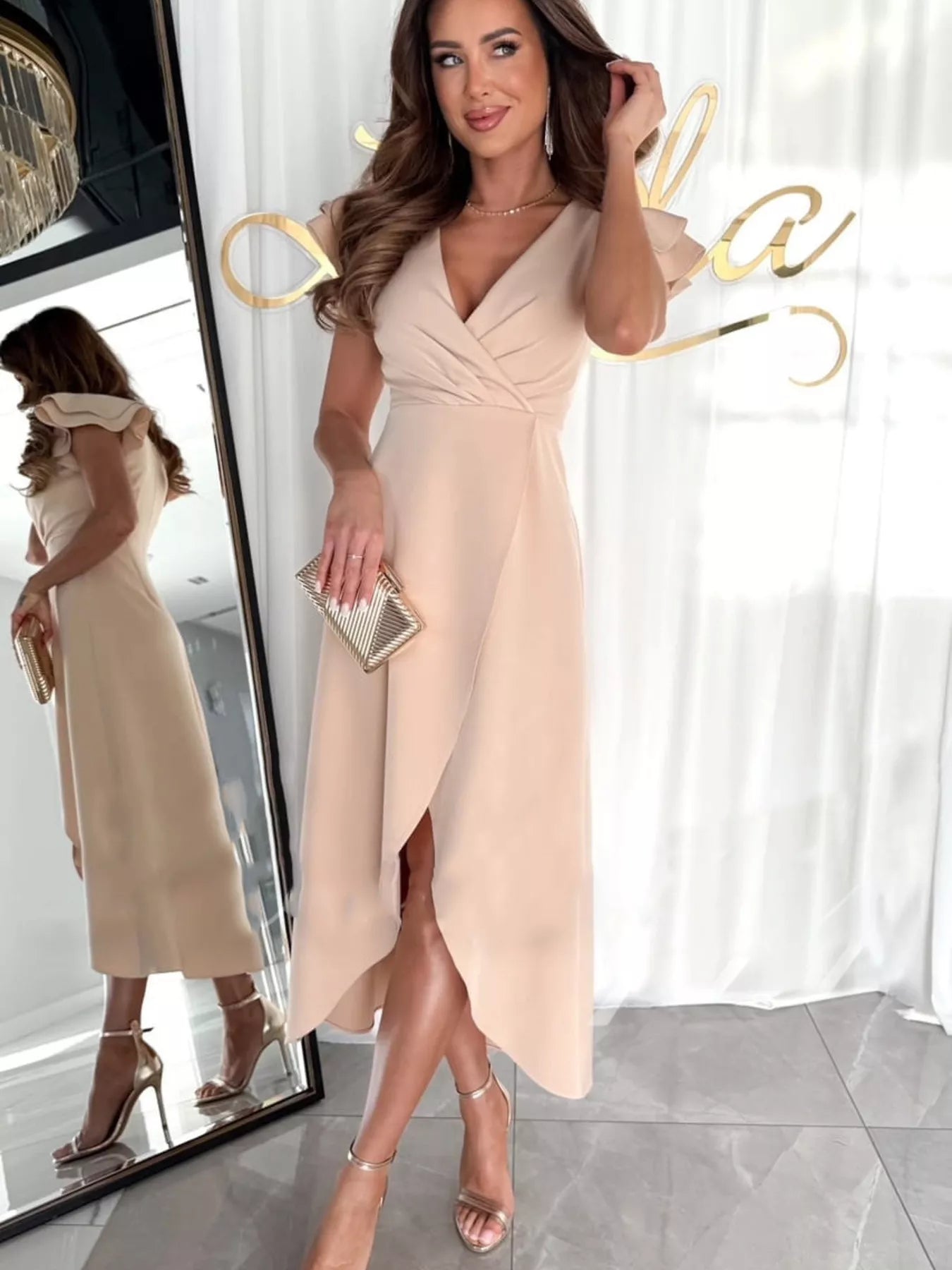 Ruffle Sleeve Wrap Midi Dress