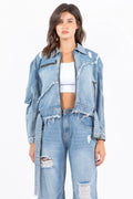 American Bazi Full Size Distressed Frayed Edge Zip Up Denim Jacket Plus Size