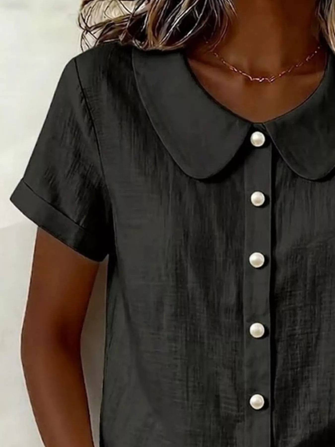 Peter Pan Collar Pearl Button Short Sleeve Shirt