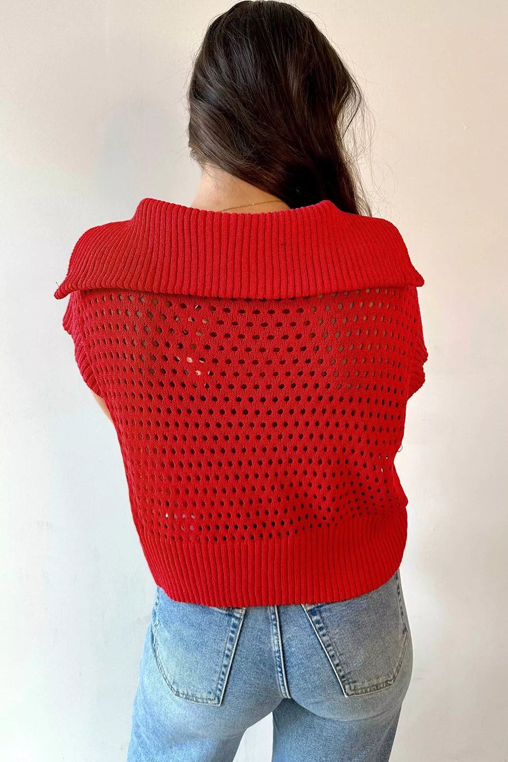 Openwork Quarter-Zip Knit Top