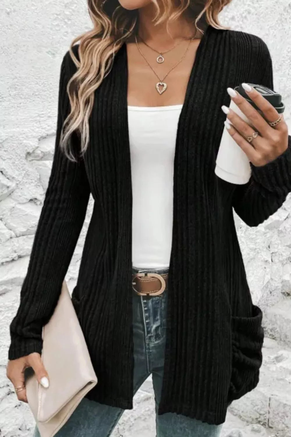 Ribbed Knit Open Front Cardigan with Pockets