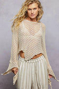 POL Raw Edge Open Sleeve High-Low Cotton Knit Top