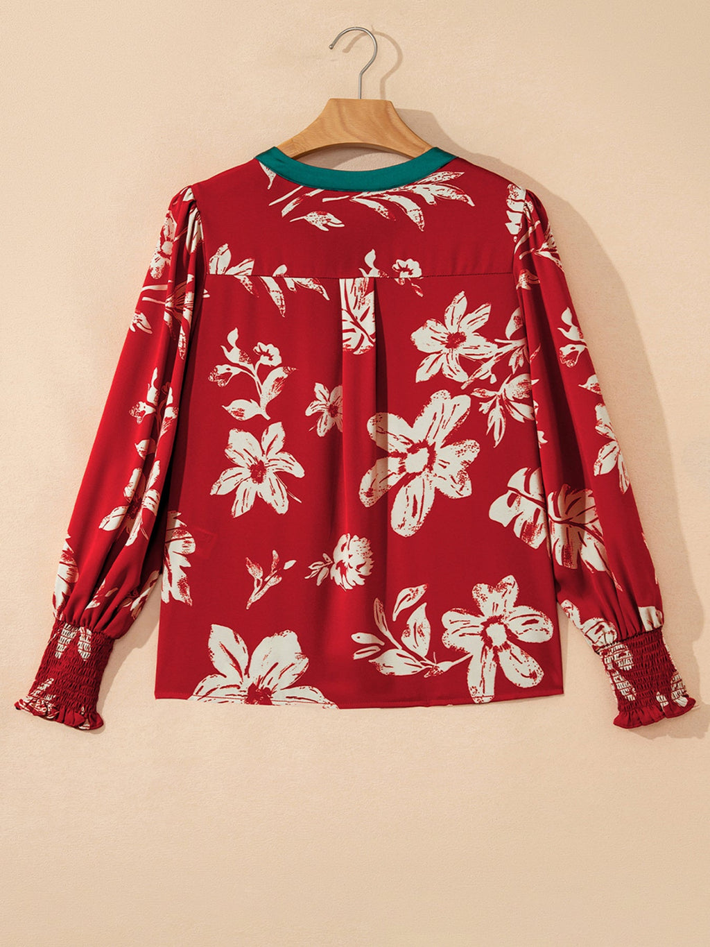 Contrast Tied Neck Shirred Puff Sleeve Flower Blouse