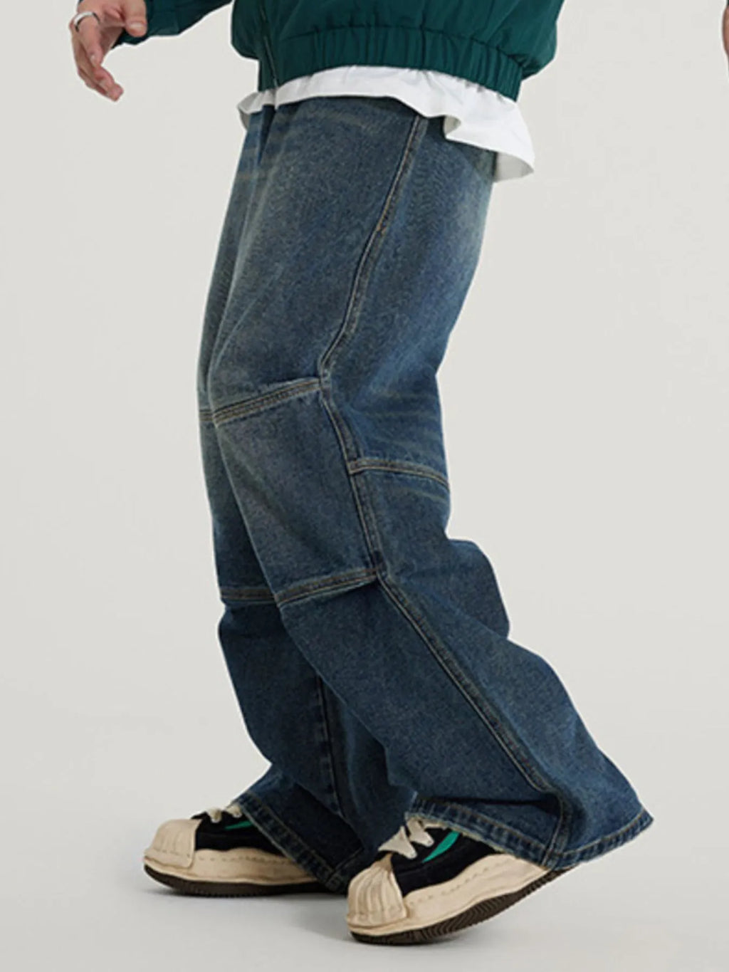 Men's Vintage Wide Leg Utility Jeans with Multi-Panel Design