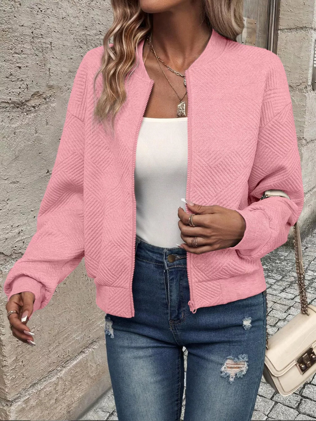Texture Zip-Up Bomber Jacket