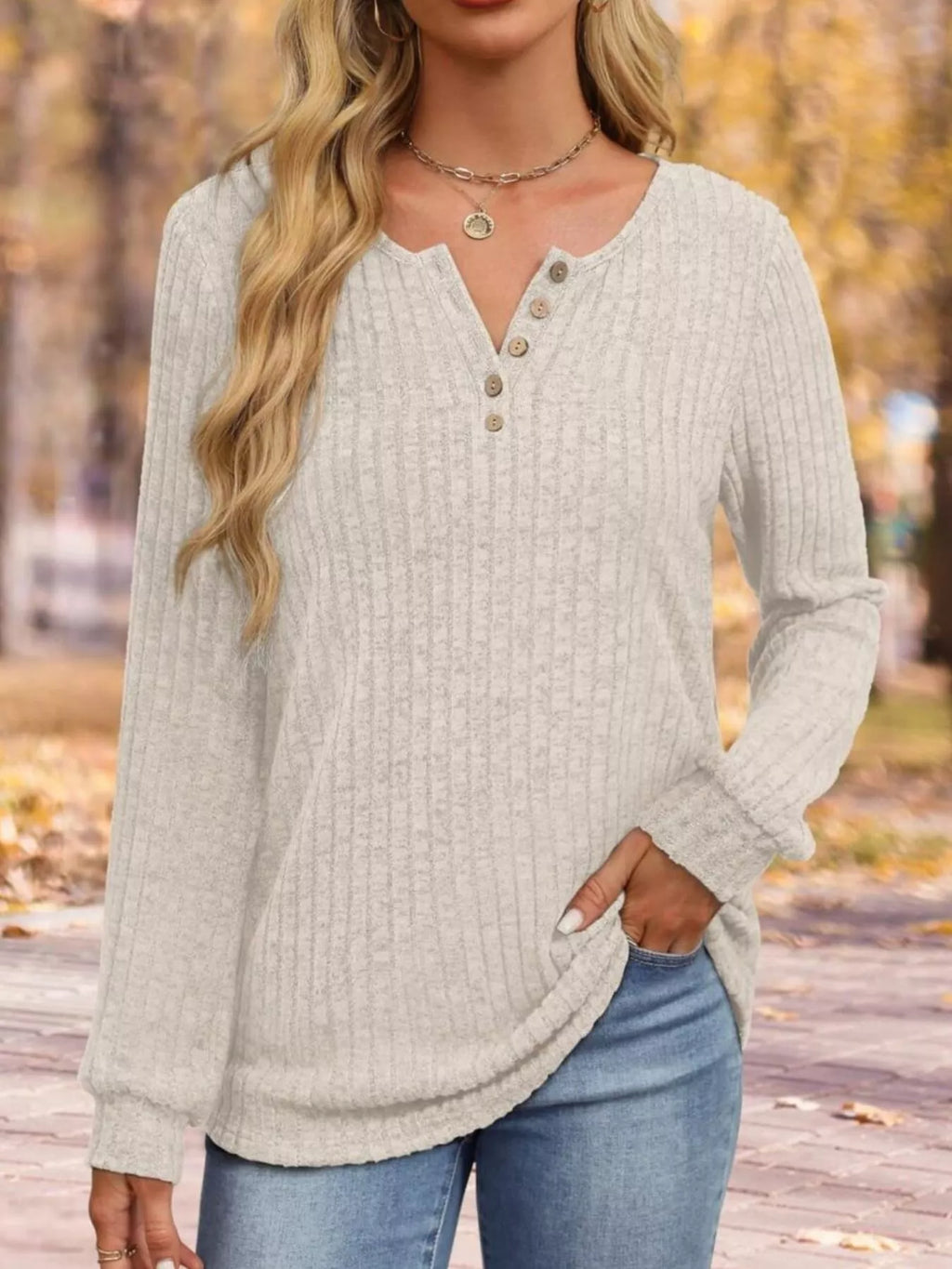 Ribbed Knit Button-Front Long Sleeve T-Shirt