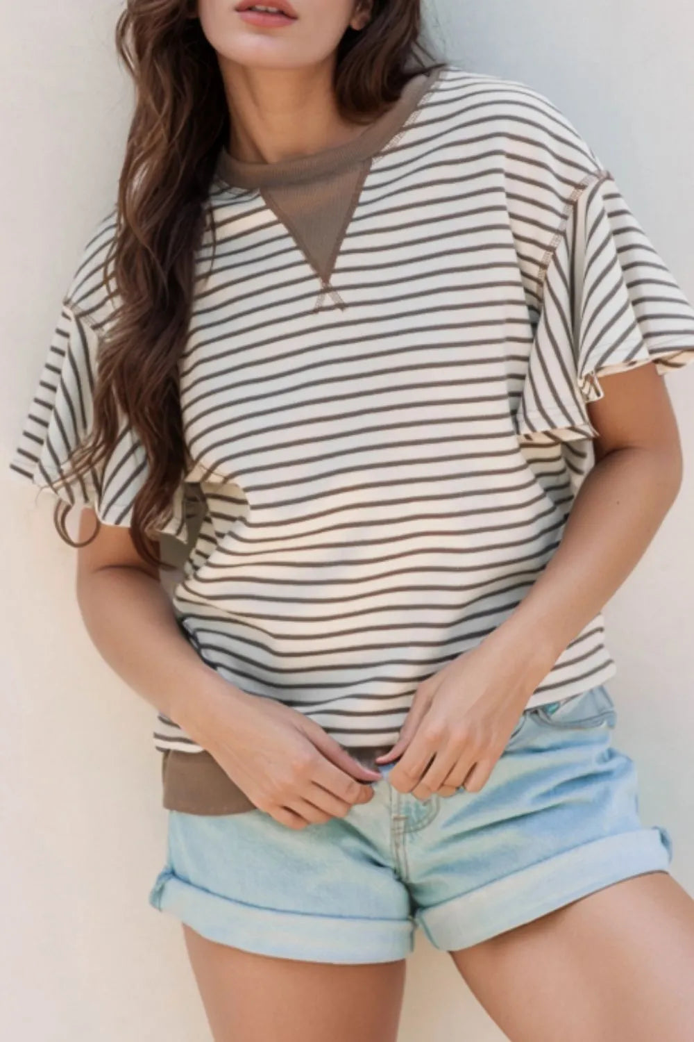 Contrast Striped Ruffle Short Sleeve Top