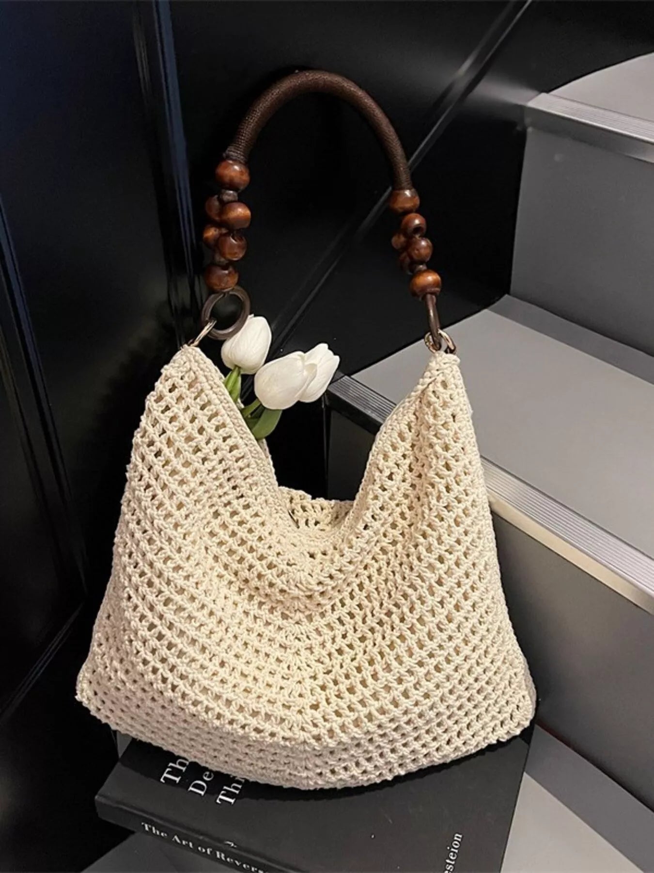 Knitted Shoulder Bag with Wooden Bead Handle