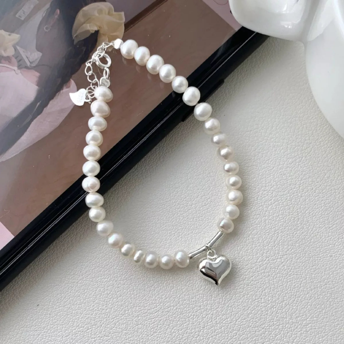 Pearl Heart Charm Bracelet