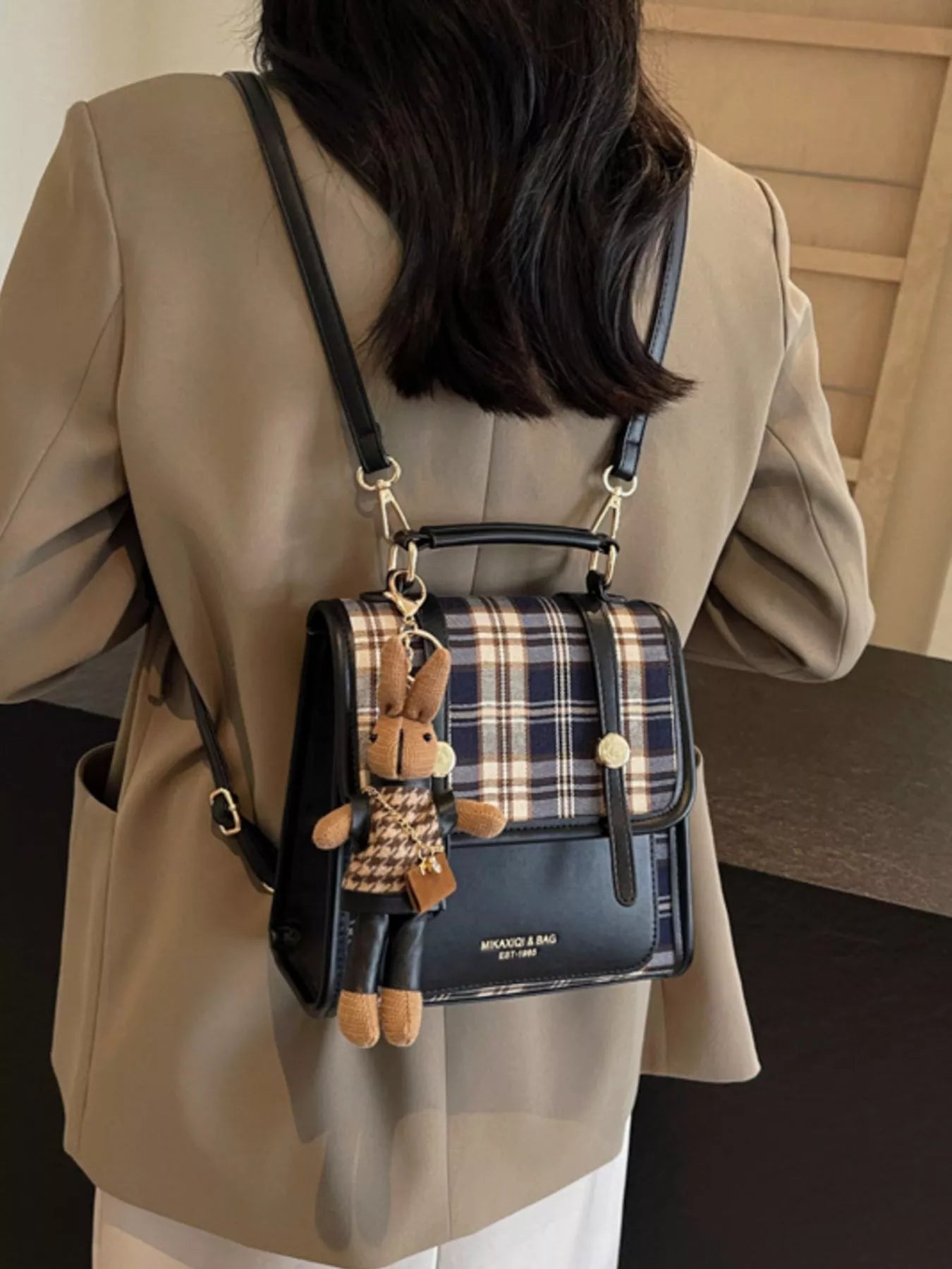 Plaid Pattern Flap Backpack Bag