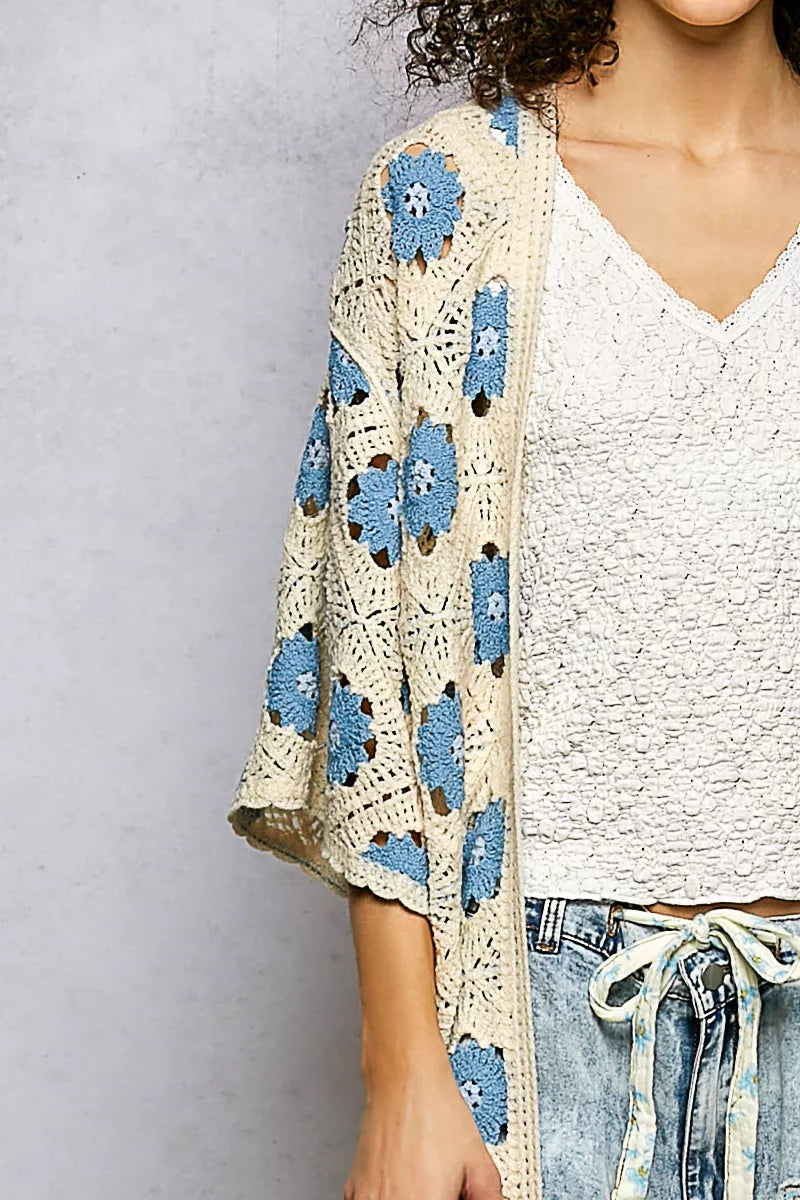 POL Open Front Floral Crochet Longline Cardigan