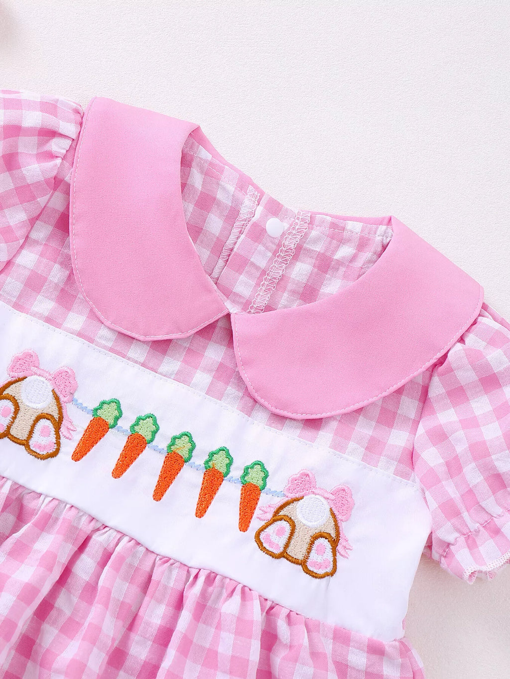Children's Gingham Bunny & Carrot Embroidered Peter Pan Collar Smocked Dress