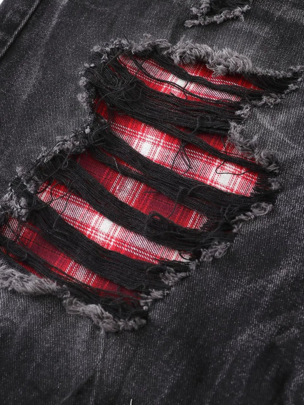 Men's Distressed Denim Shorts with Plaid Patches