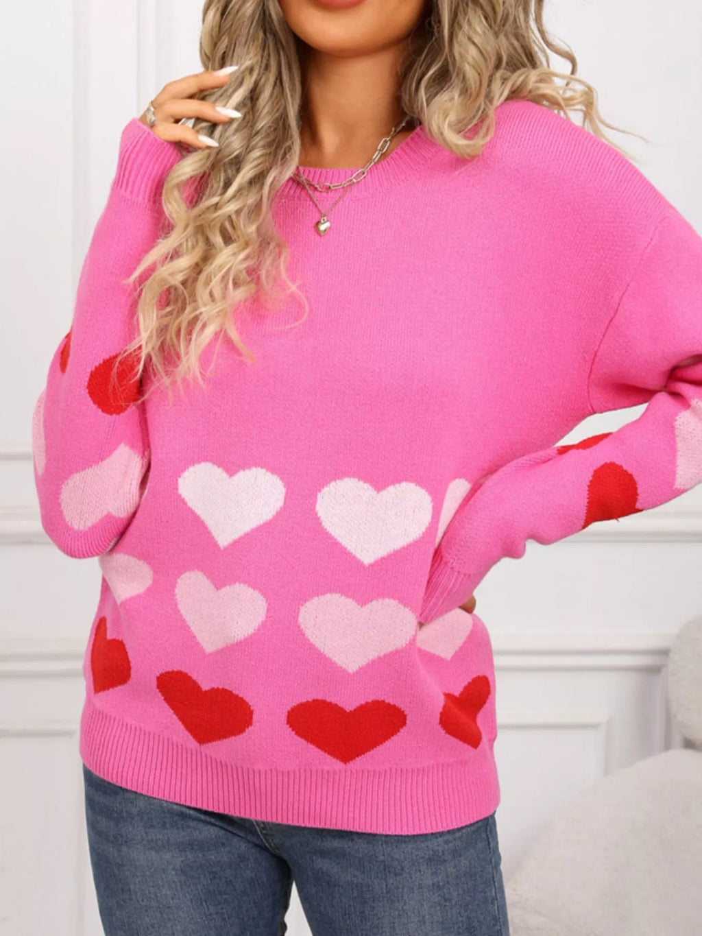 Valentine's Day Heart Pattern Crew Neck Sweater