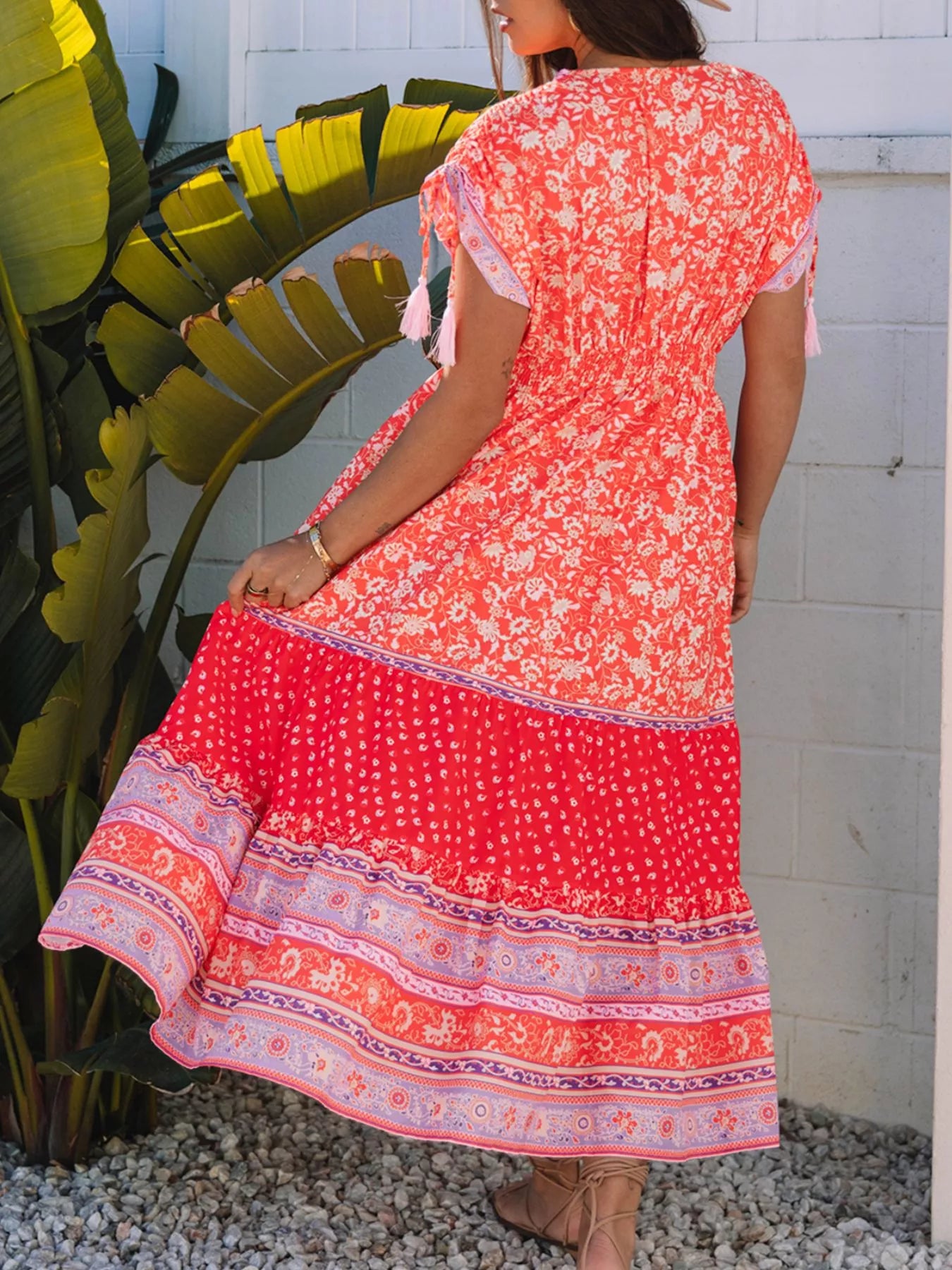 Floral Print Tasseled Tied Sleeve Empire Waist Dress